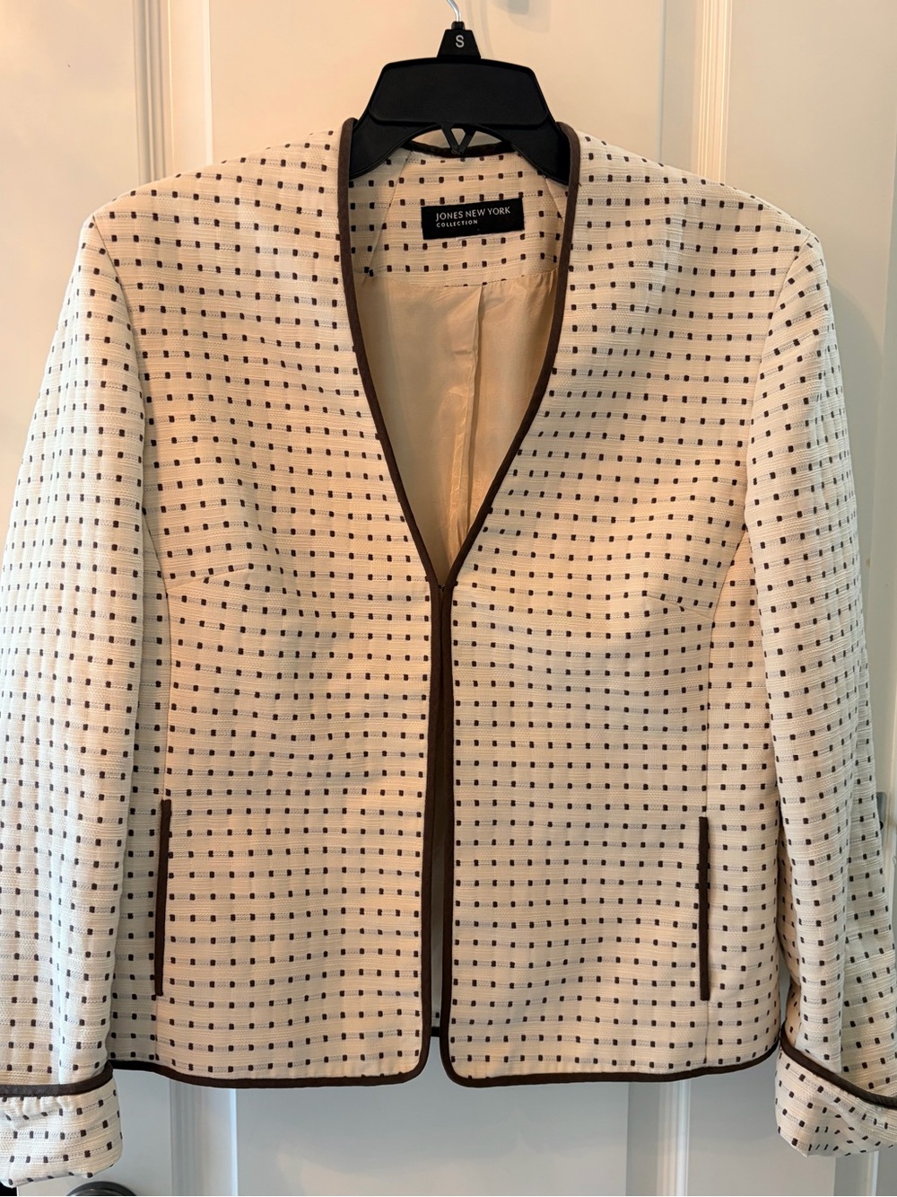 Jones New York Cream Open-Front Textured Dot Blazer with Dark Trim - Picture 2 of 14